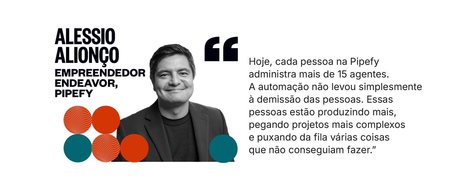 Citação de Alessio Alionço: Hoje, cada pessoa na Pipefy administra mais de 15 agentes. A automação não levou simplesmente à demissão. Essas pessoas estão produzindo mais, pegando projetos mais complexos e puxando da fila várias coisas que não conseguiam fazer.
