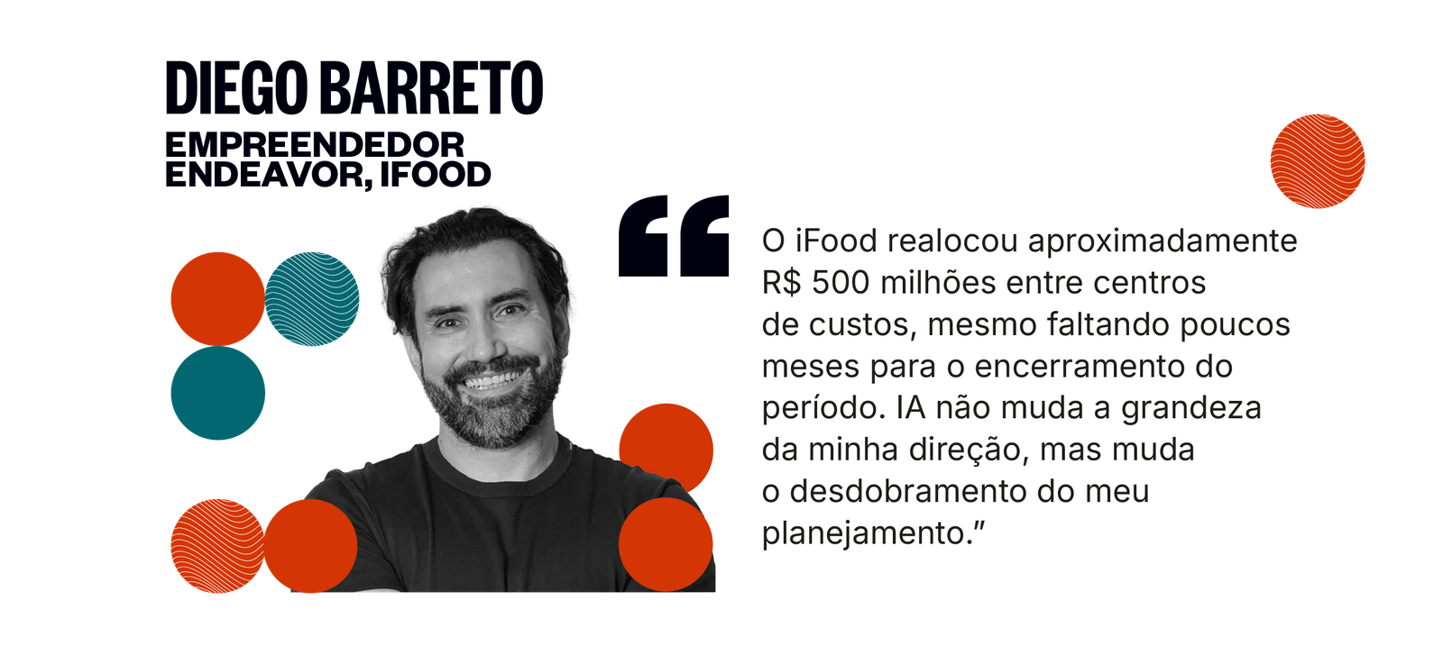 Citação de Diego Barreto: O iFood realocou aproximadamente R$ 500 milhões entre centros de custos, mesmo faltando poucos meses para o encerramento do período. IA não muda a grandeza da minha direção, mas muda o desdobramento do meu planejamento.
