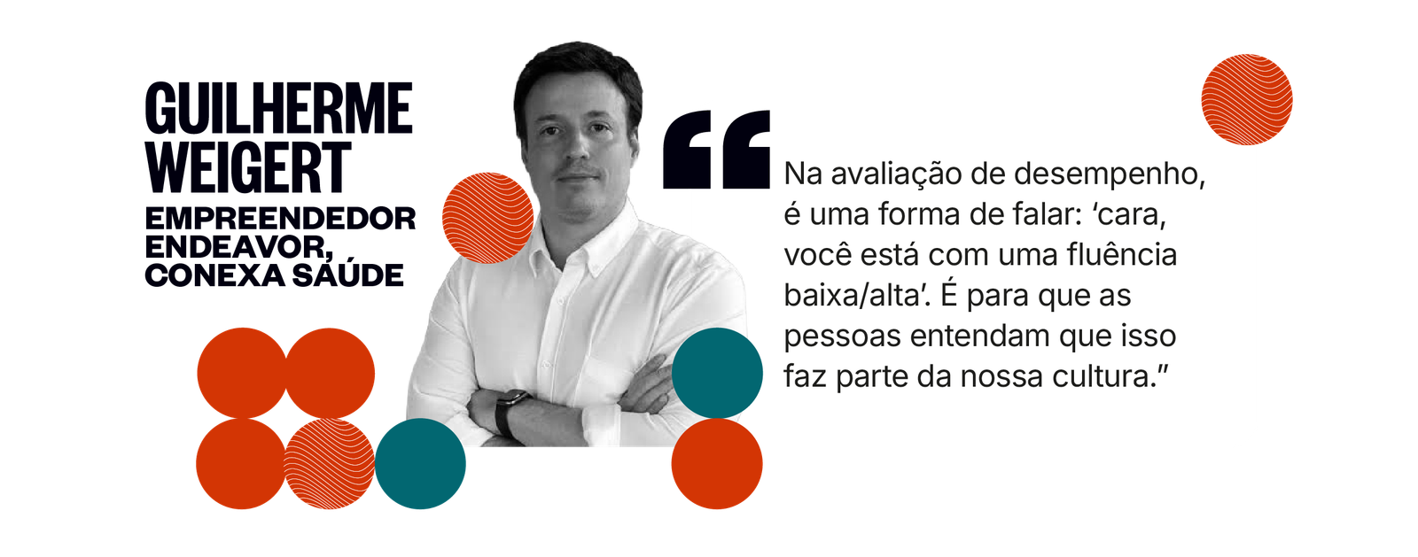 Citação de Guilherme Weigert: Na avaliação de desempenho, é uma forma de falar: você está com uma fluência baixa ou alta. É para que as pessoas entendam que isso faz parte da nossa cultura.